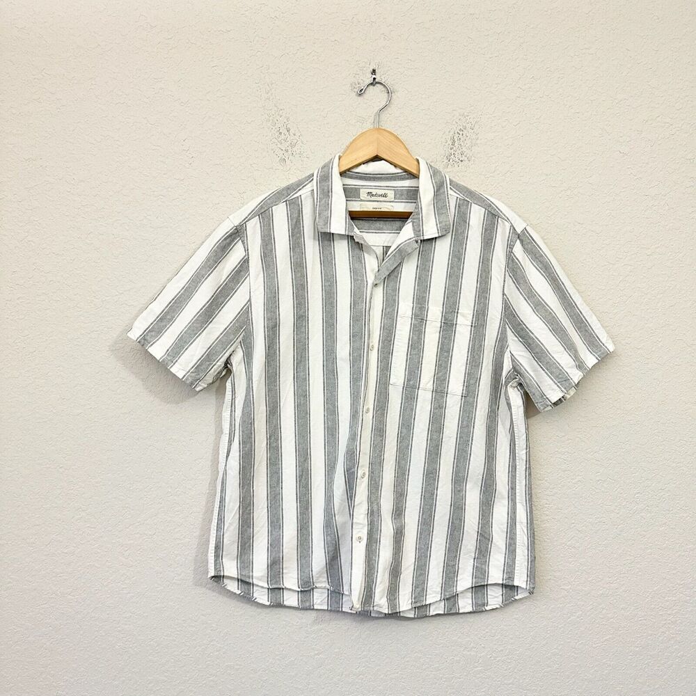 Madewell White and Gray Vertical Stripe Short Sleeve Button-Down Shirt